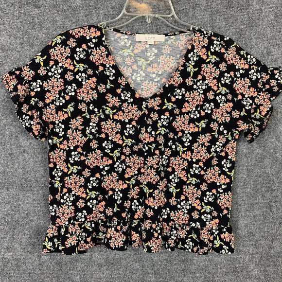 Loft Floral Crop Top Flutter Cap Sleeve Women XXS V-Neck Ruffle Hem - Picture 1 of 11